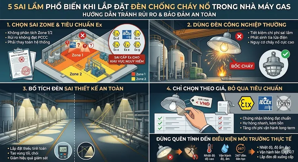 Sai lầm phổ biến khi lắp đặt đèn chống cháy nổ nhà máy gas Sai lầm phổ biến khi lắp đặt đèn chống cháy nổ nhà máy gas