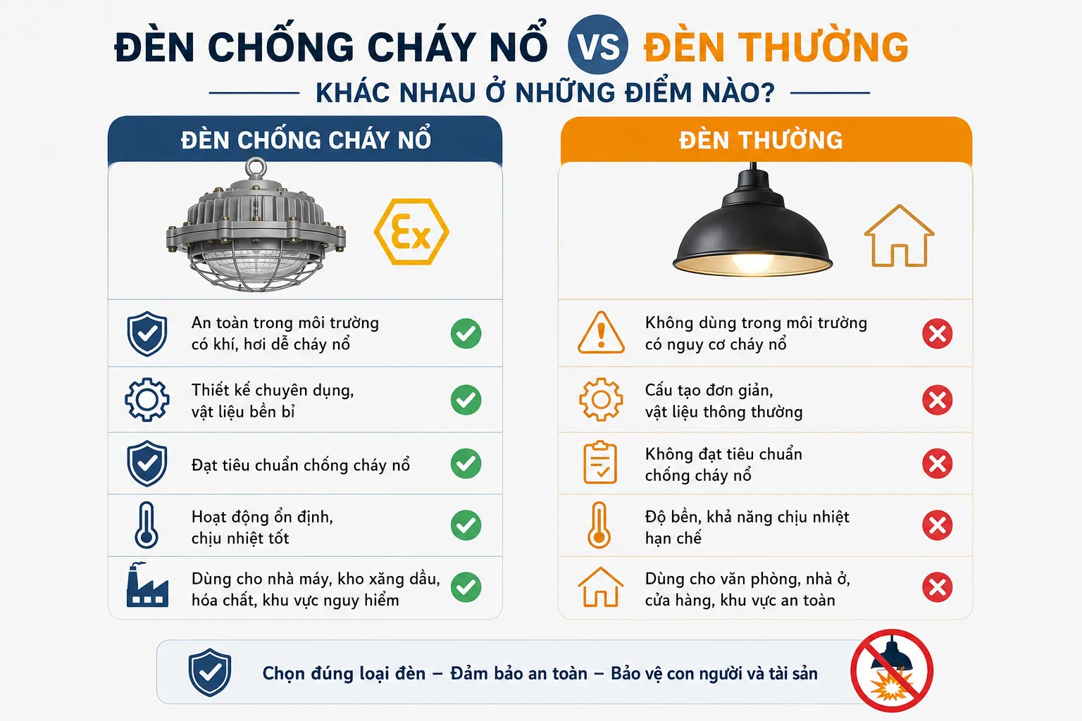 Đèn chống cháy nổ và đèn thường khác nhau ở những điểm nào? Đèn chống cháy nổ và đèn thường khác nhau ở những điểm nào?