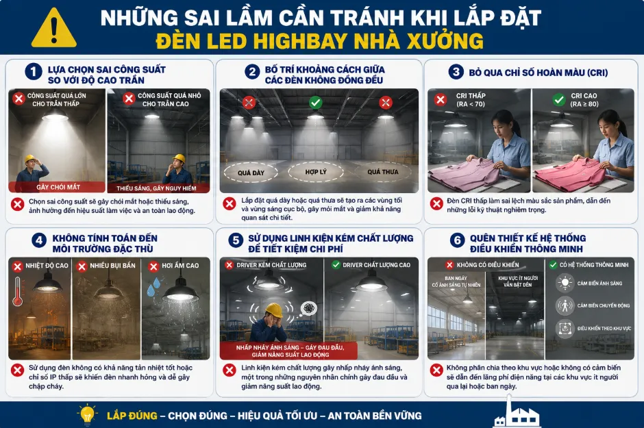 Những sai lầm cần tránh khi lắp đặt đèn led highbay nhà xưởng Những sai lầm cần tránh khi lắp đặt đèn led highbay nhà xưởng