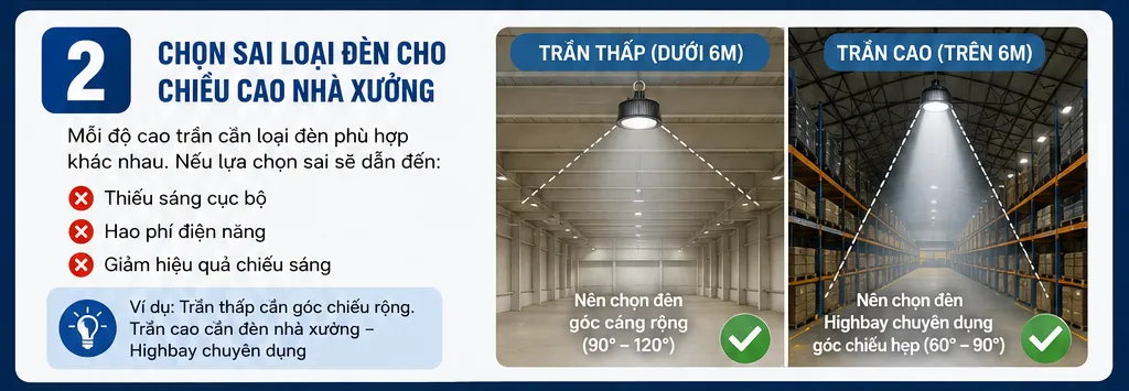 Lắp đặt sai loại đèn so với chiều cao trần xưởng Lắp đặt sai loại đèn so với chiều cao trần xưởng